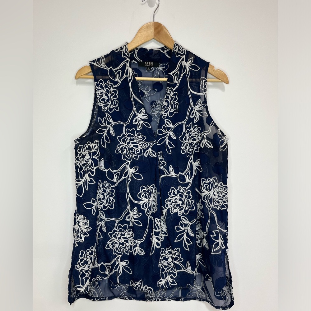 Alex Marie Shear Navy and Embroidered White  Sleeveless top SizeL